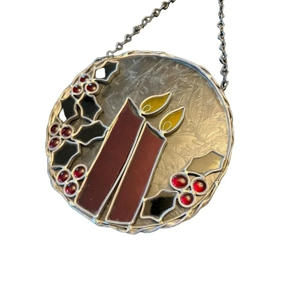 Stained‎ Glass Christmas Candle Suncatcher With Holly & Chain - Handmade Holiday